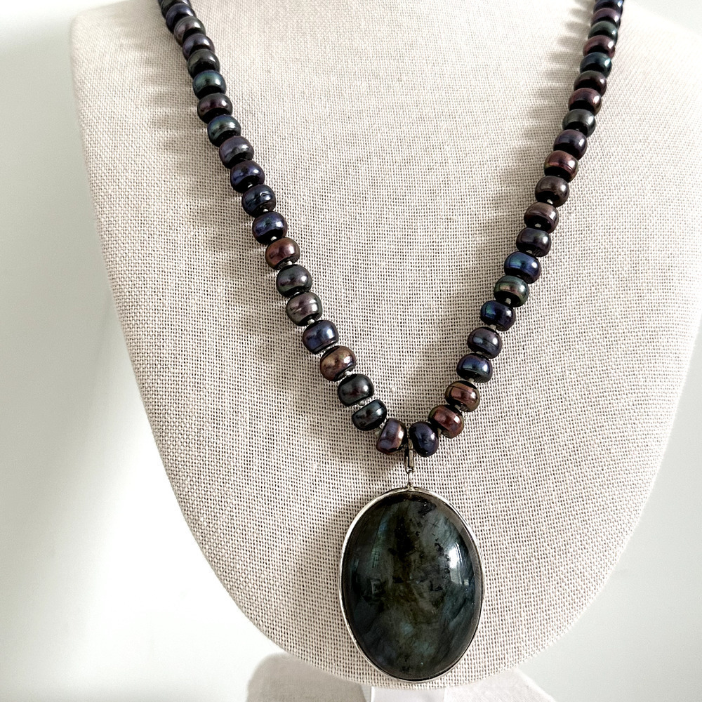 925 Sterling Silver Vintage Big Genuine Black Pearl Large Labradorite Necklace